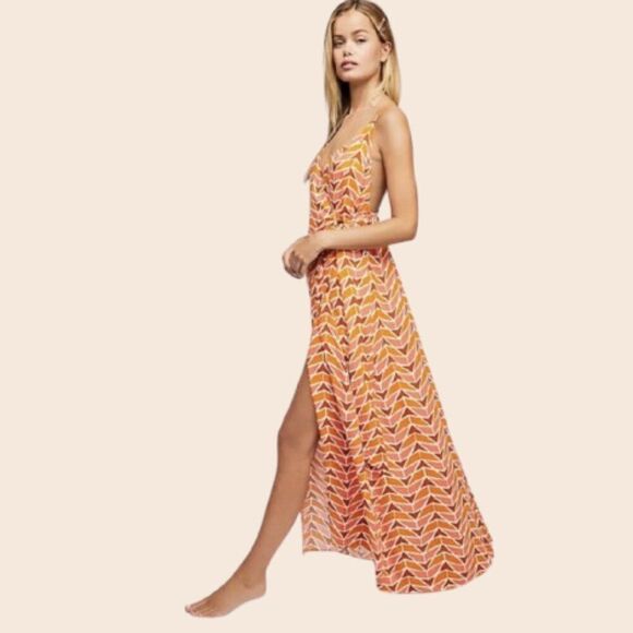 Free People Siren Orange Geometric Wrap Dress Size Small - Picture 2 of 15